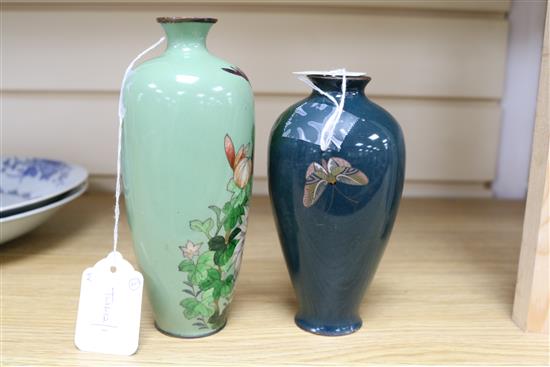 A Japanese Ginbari enamelled vase decorated with a cockerel on a green ground and a smaller vase H 7.5cm (tallest)